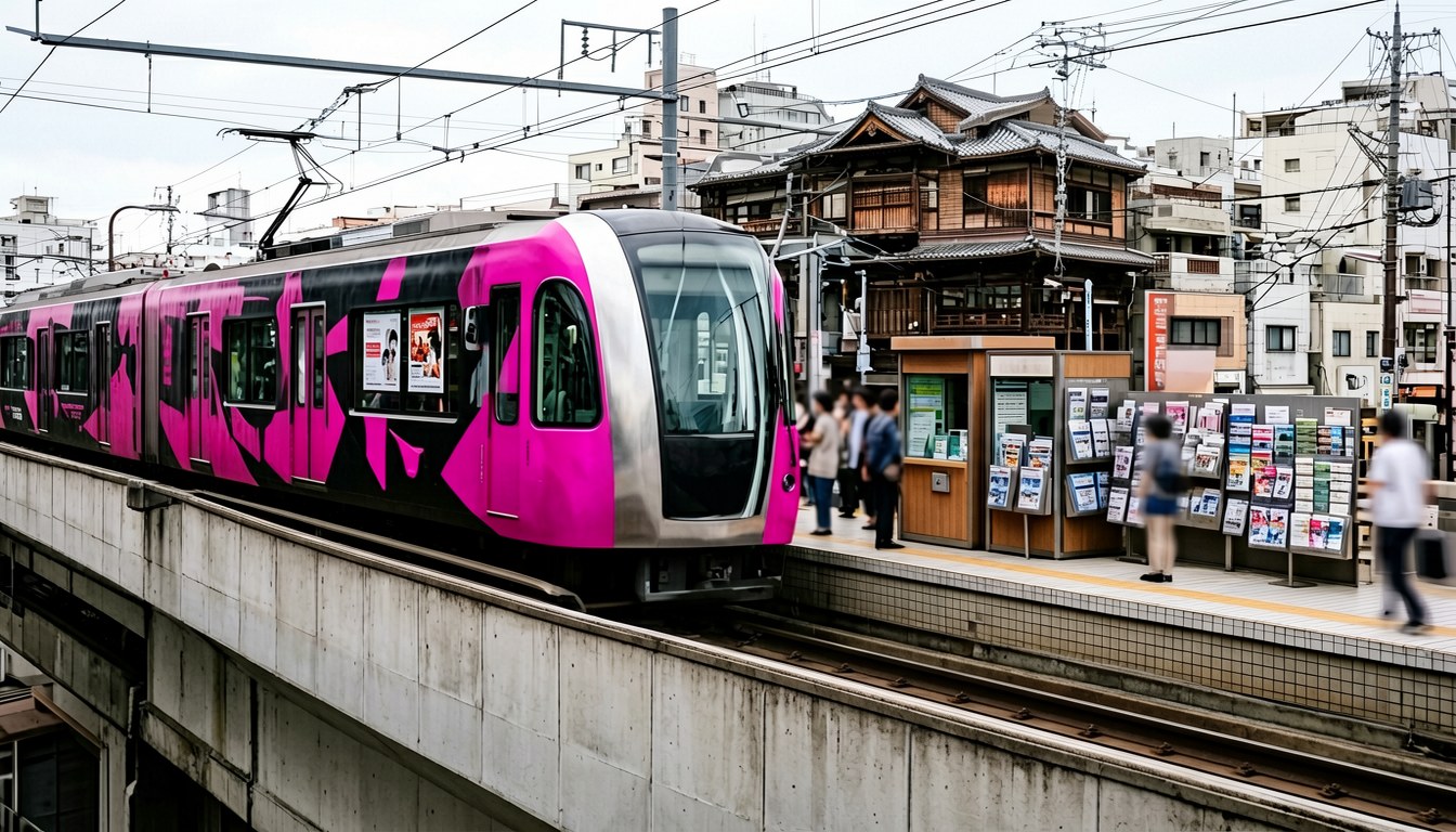 EVA主題特別裝飾嘅京阪電車列車，背景係大阪城市天際線，動漫展宣傳風格