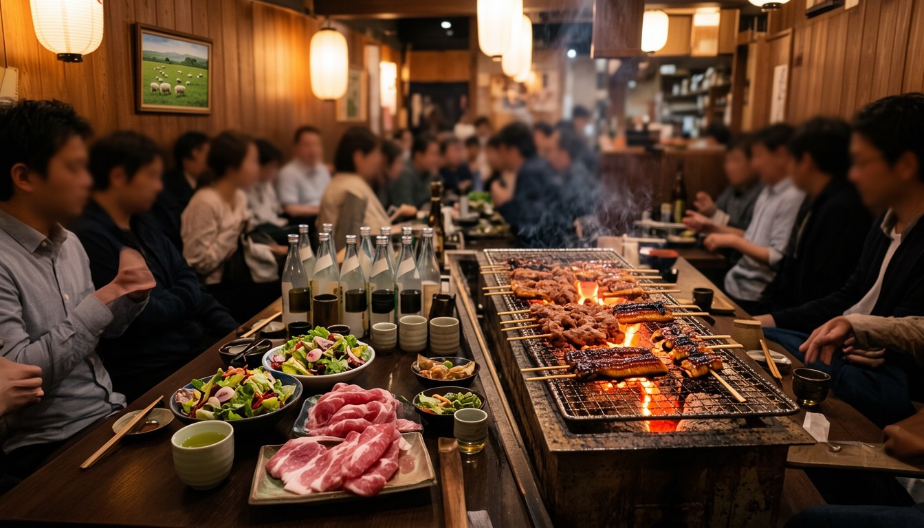 炭火烤爐上串燒羊肉,背景有日本酒瓶