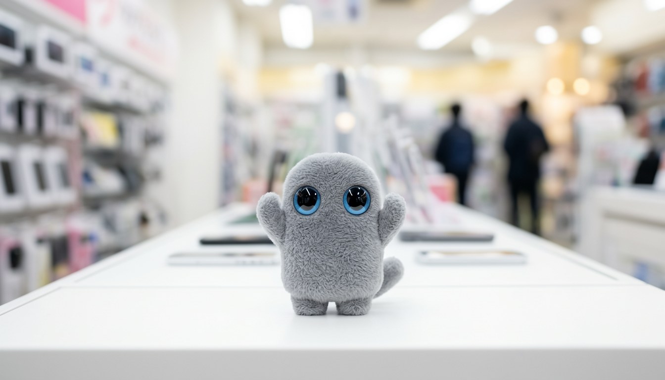 手掌大毛絨 AI 寵物機器人 INU 喺辦公桌之上,無人脸特寫