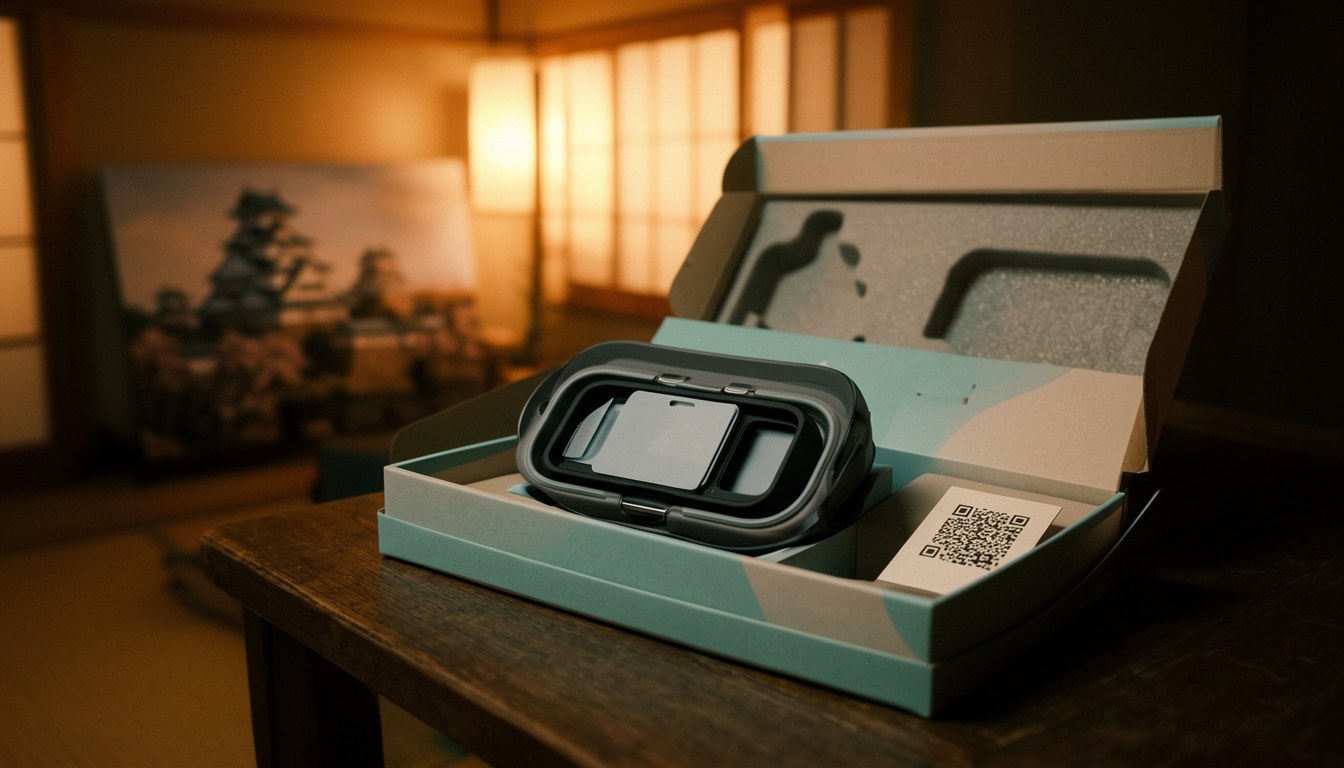 一付黑色金箔紋手機 VR 眼鏡,擺喺日式木桌上,旁邊係二維碼卡片