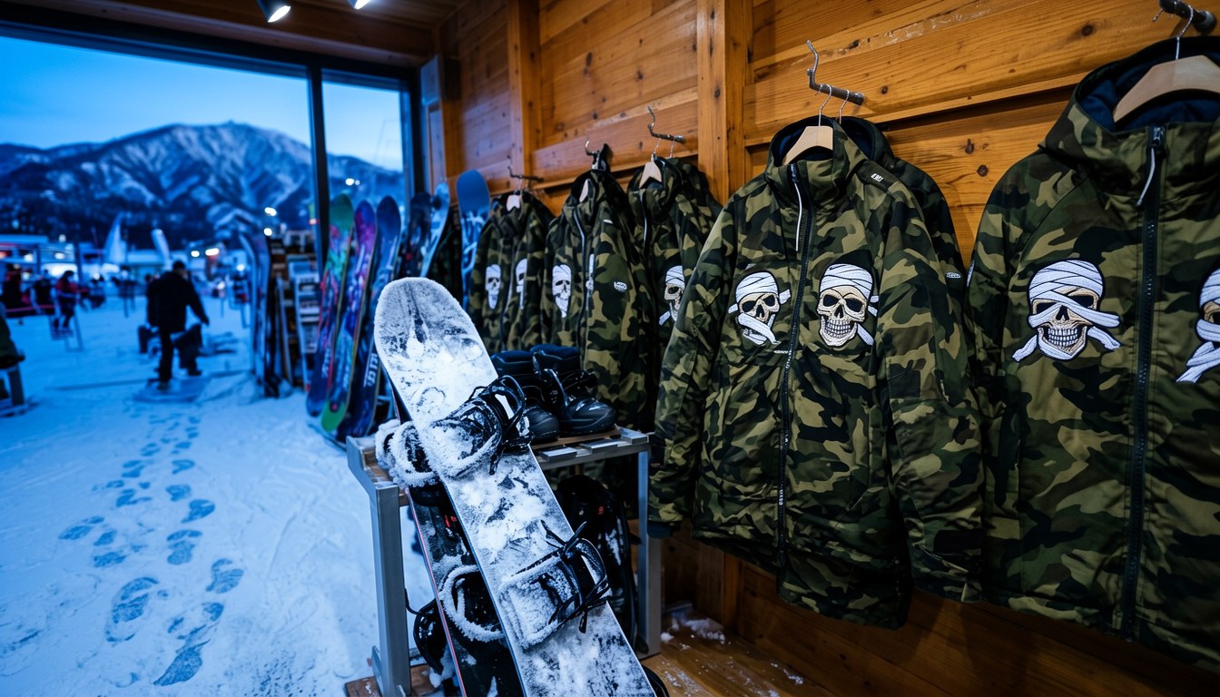 METALLICA 聯名雪服同配件平鋪喺雪地上