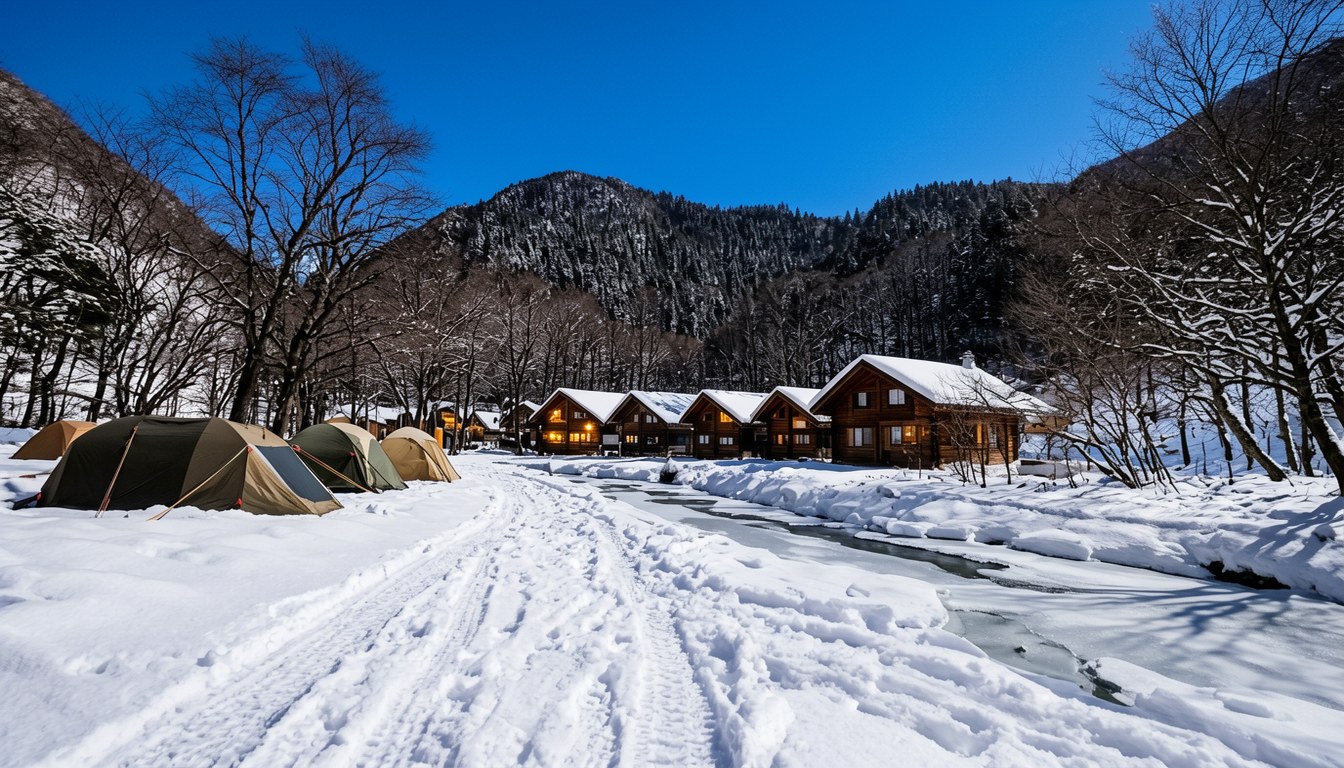 白雪覆蓋嘅高山營地，小木屋點著燈光，背景係冰瀑同星空