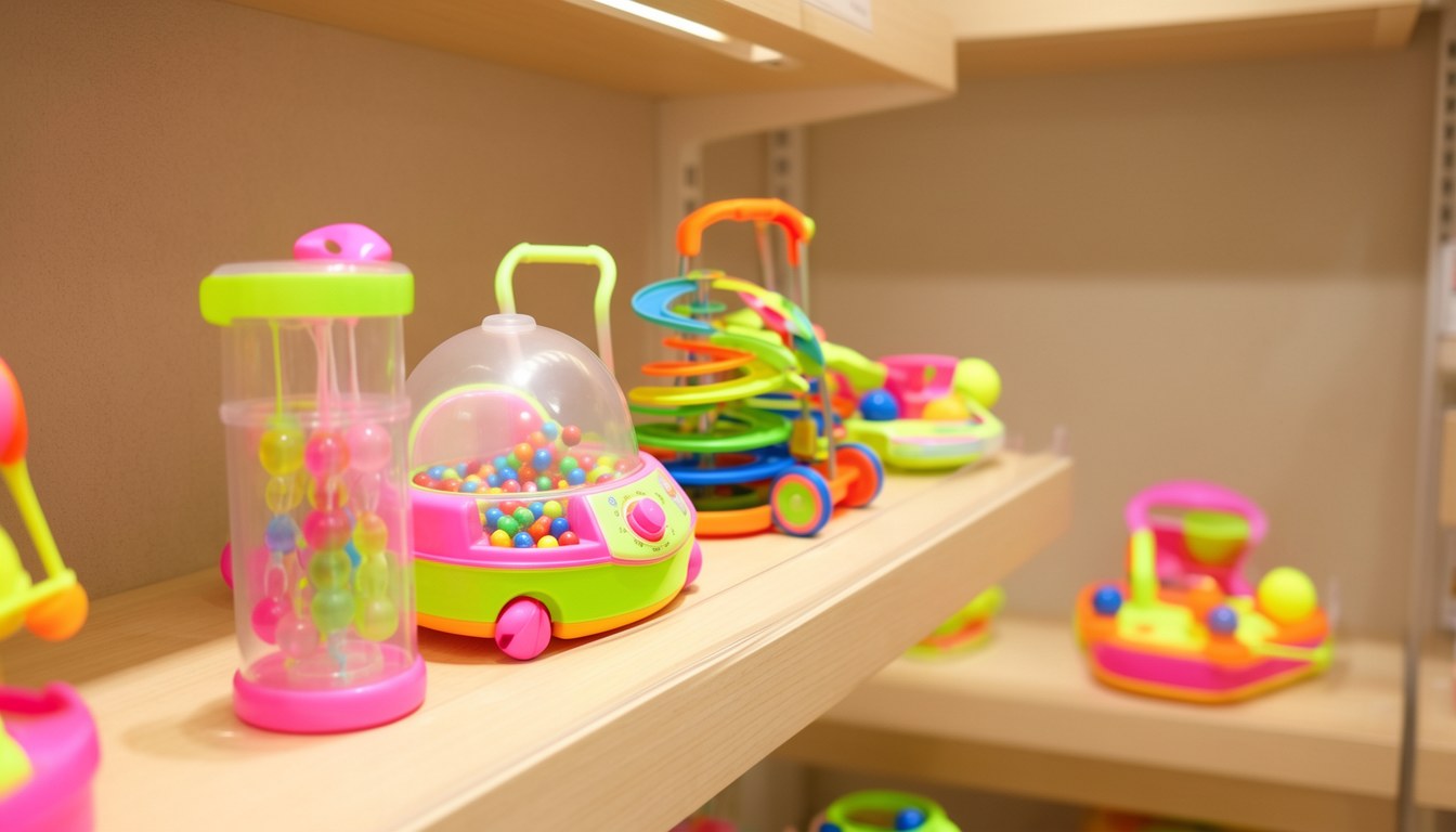 Sassy 四款新嬰幼兒玩具平鋪展示，色彩鮮豔