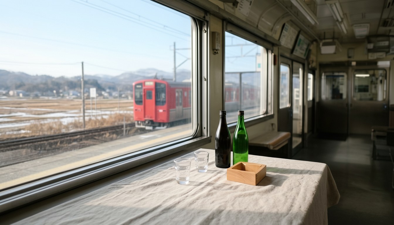 養老鐵道枡酒列車車廂內部，長條木枱上擺住木枡同日本酒