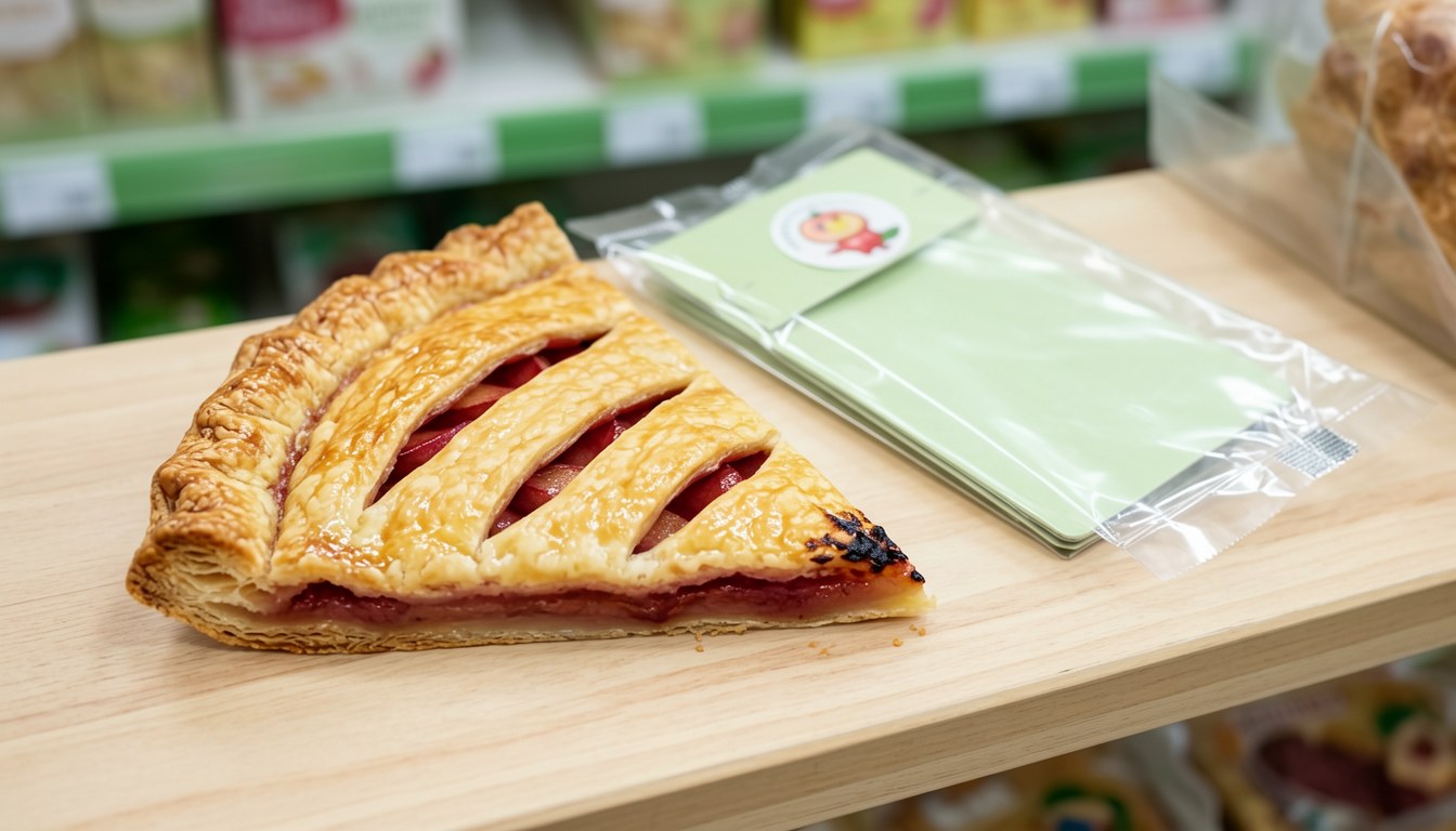 一片切開的 Apple Pie,露出蘋果餡料同卡士達忌廉,擺喺便利店紙盤上