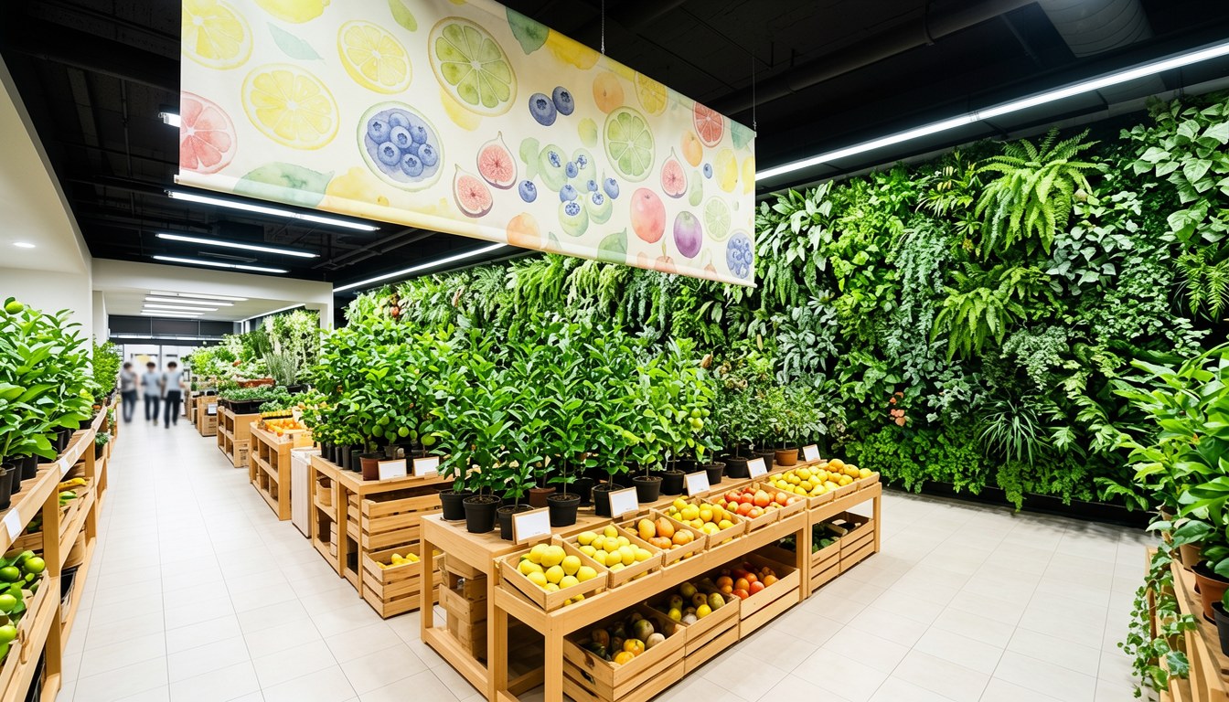 東京オザキフラワーパーク果樹祭現況：多品種果樹苗排列於戶外銷售區，背景為花園中心建築。