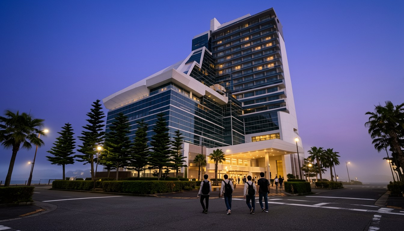 夜晚燈光下嘅海景酒店大堂，螺旋樓梯清晰可見，無人影