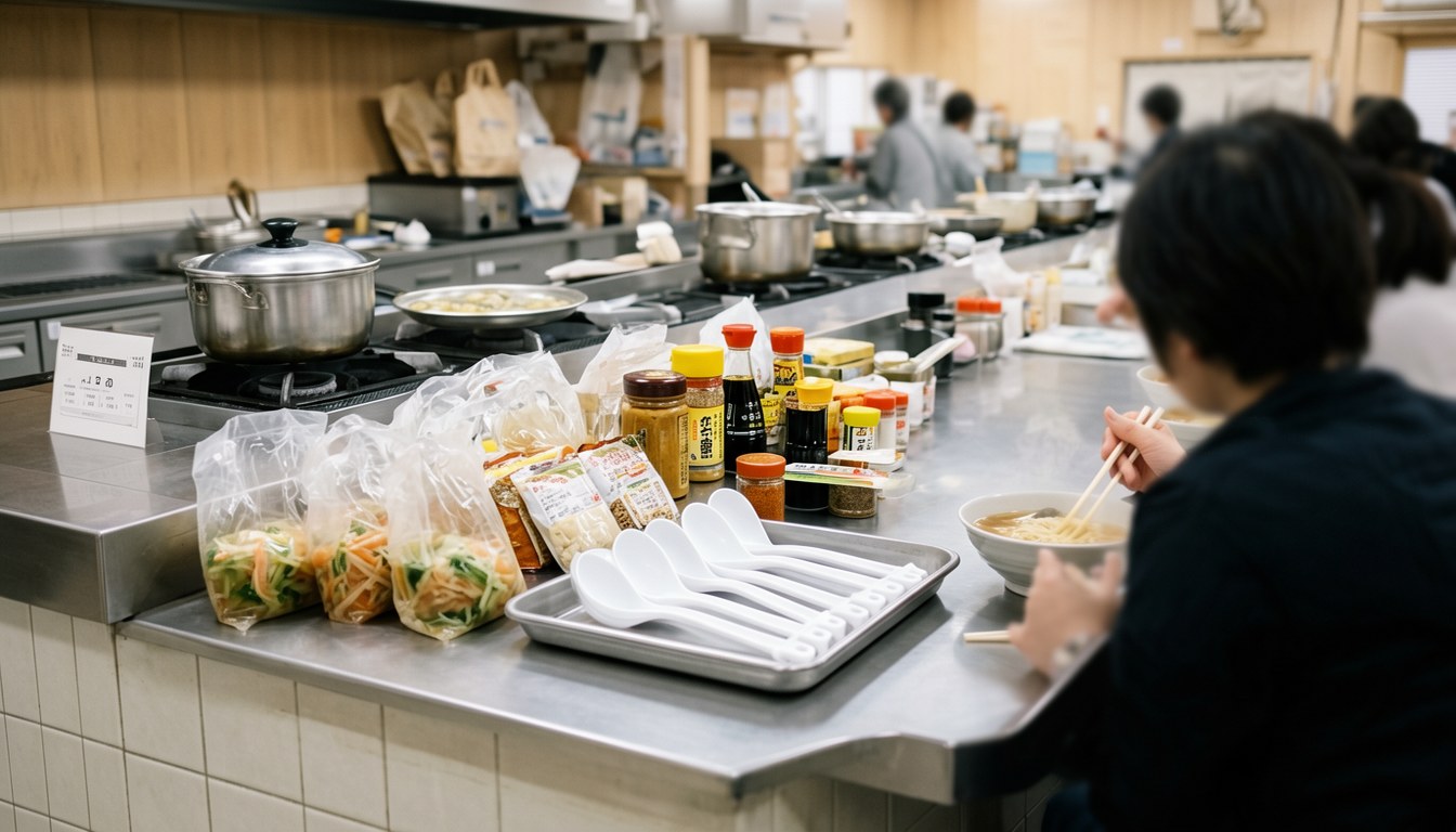 日本家庭廚房架上整齊排列嘅防災備糧,包括罐頭、米飯、礦泉水同保鮮袋