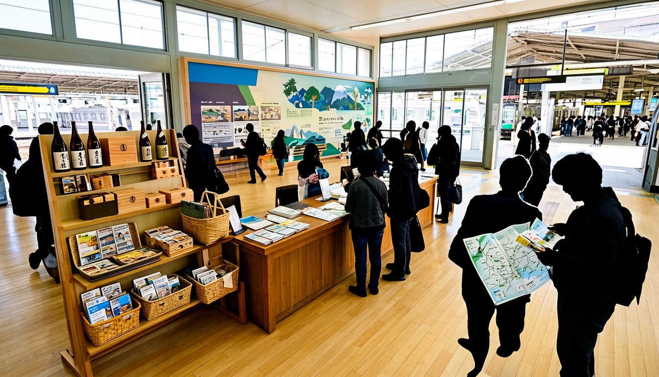 名古屋站附近嘅現代化旅遊資訊中心入口，門頭有英文及日文招牌，環境整潔明亮，有旅客正在櫃檯前諮詢。