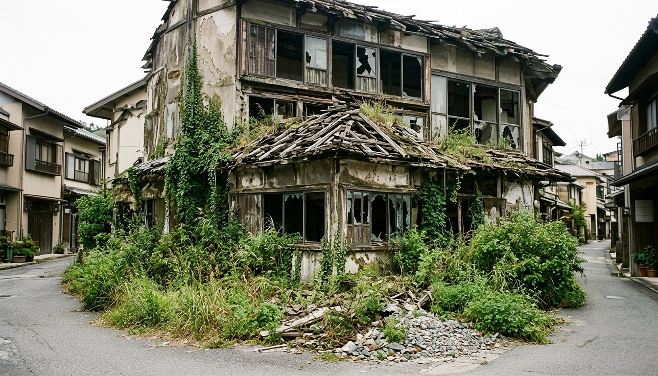 日本地方溫泉村嘅舊旅館建築，周圍有新開發嘅再生區域