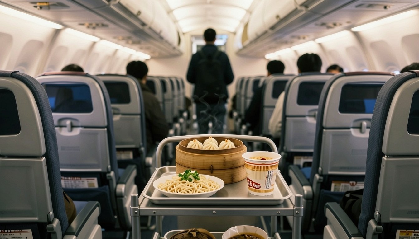 飛機客艙入面，擺滿點心籠同杯麵嘅機內食推車