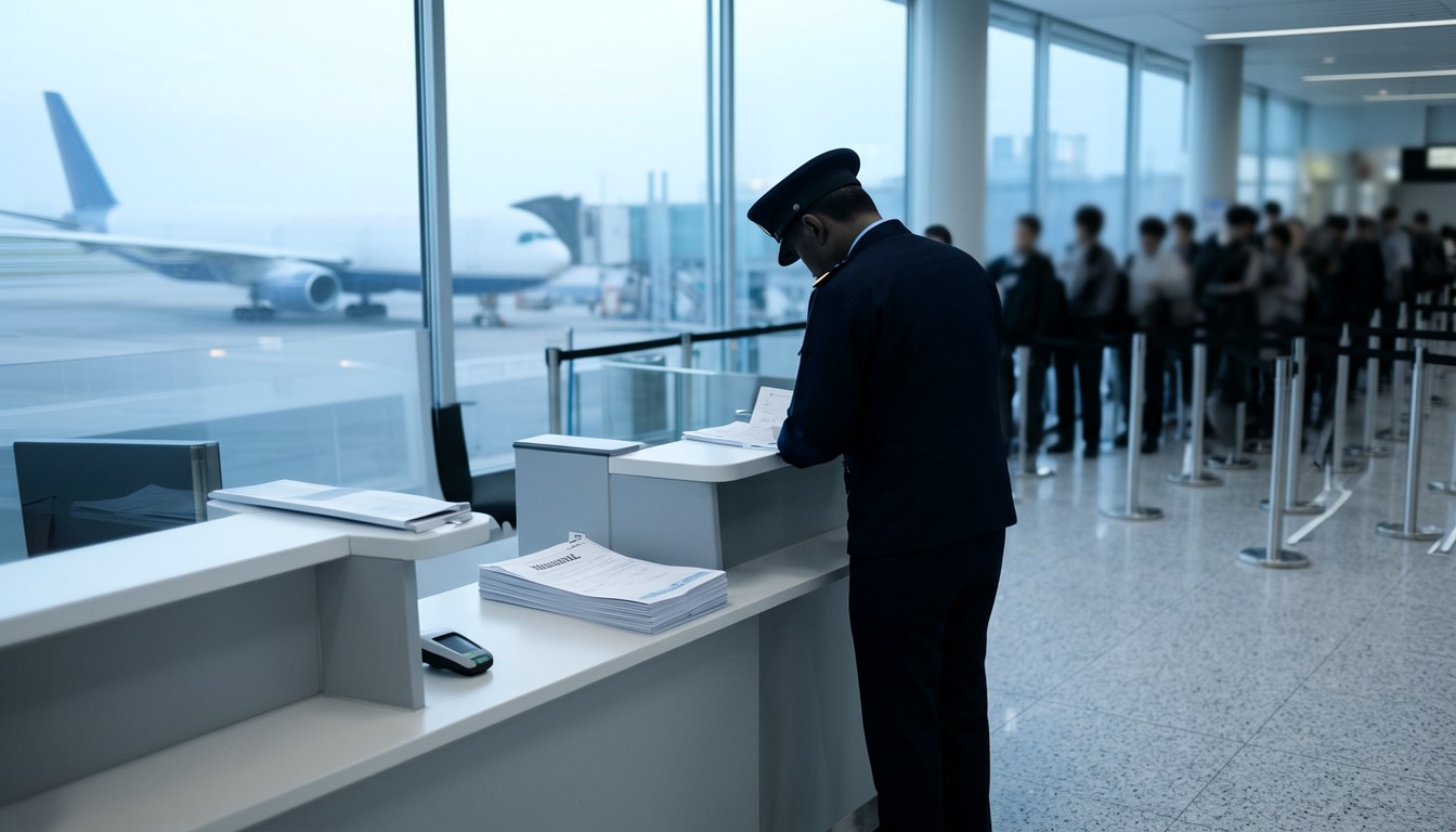 機場國際線出發樓層海關櫃位，旅客排隊帶貨出境