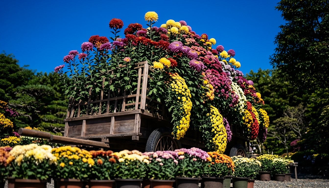 神代植物公園菊花大會現場:各色菊盆栽排列展示,背景設提燈裝置