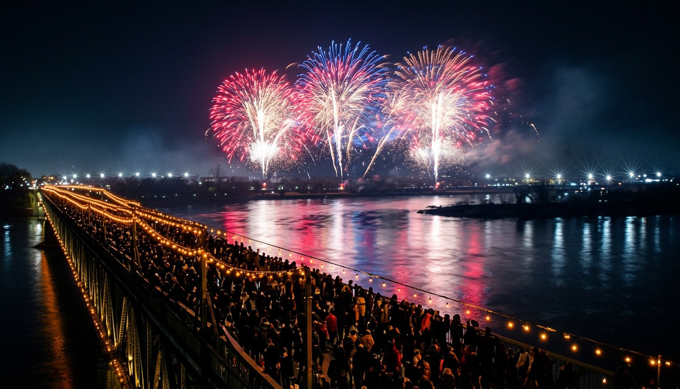 夜空中綻放嘅大型煙花，背景係河面同城市天際線