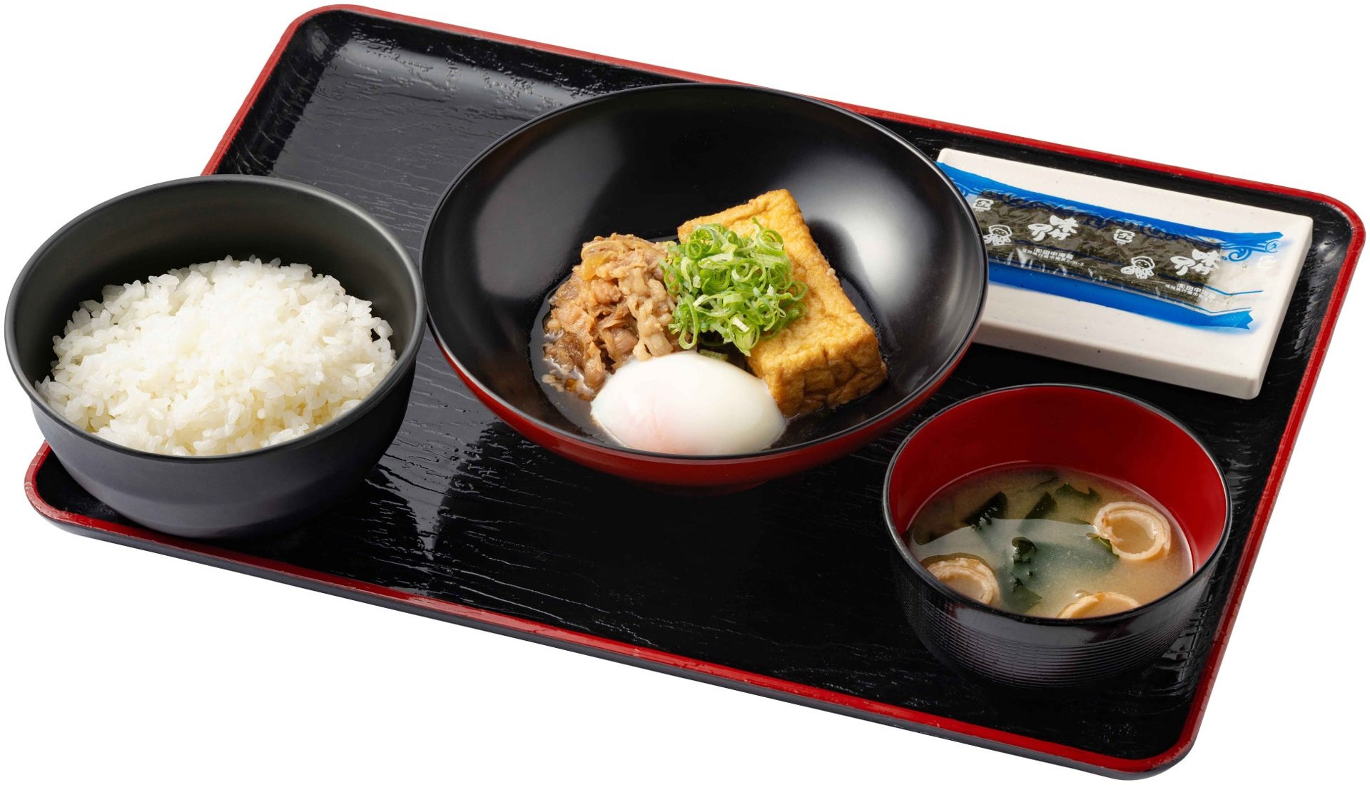 資さんうどん新朝定食「肉豆腐定食」：甜味炒牛肉、厚油豆腐、溫泉蛋、味付海苔、中份飯、味噌汁