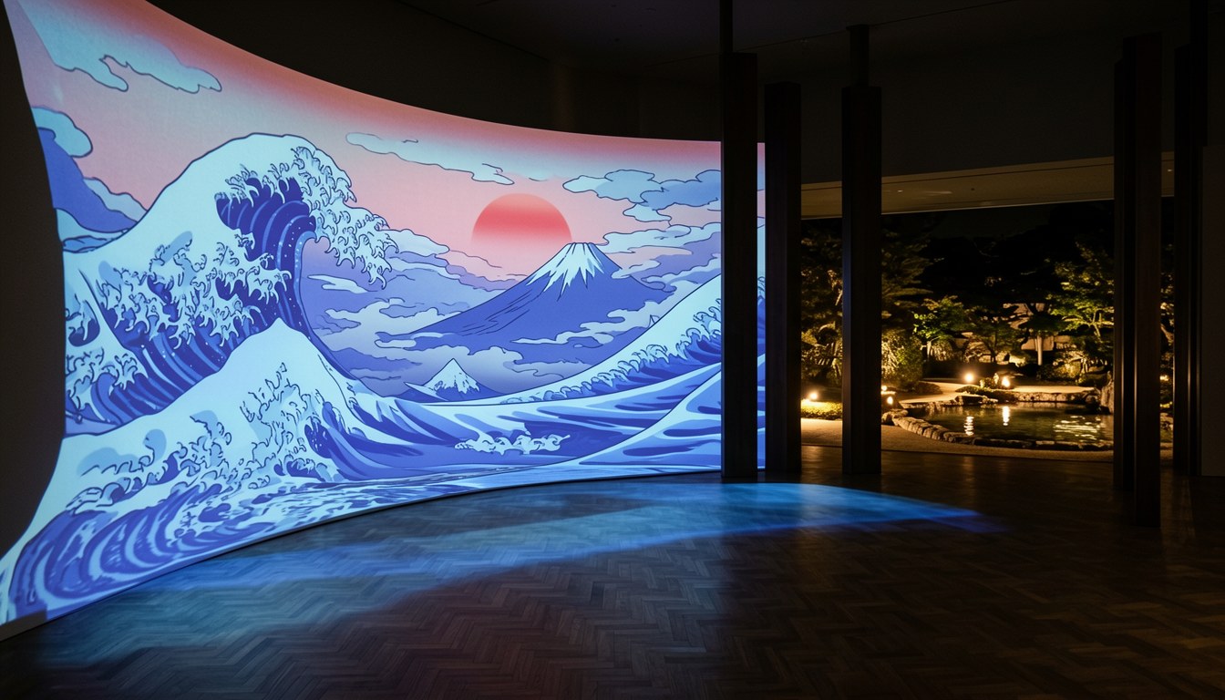 夜晚嘅和泉市久保惣紀念美術館，建築投影映射同庭園燈光