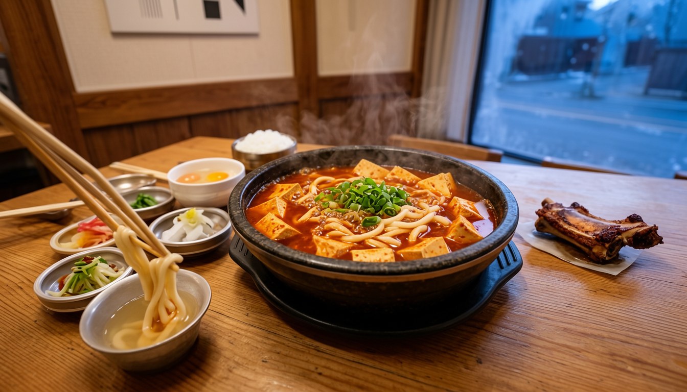 冬限定「和韓スンドゥブうどん」:石鍋盛放嘅辣味石鍋豆腐湯,配日式麵同三款前菜