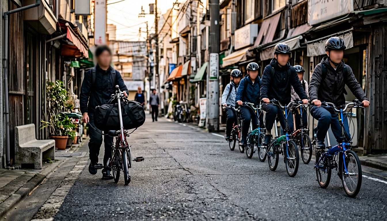 日本車站月台旁停放嘅折疊車